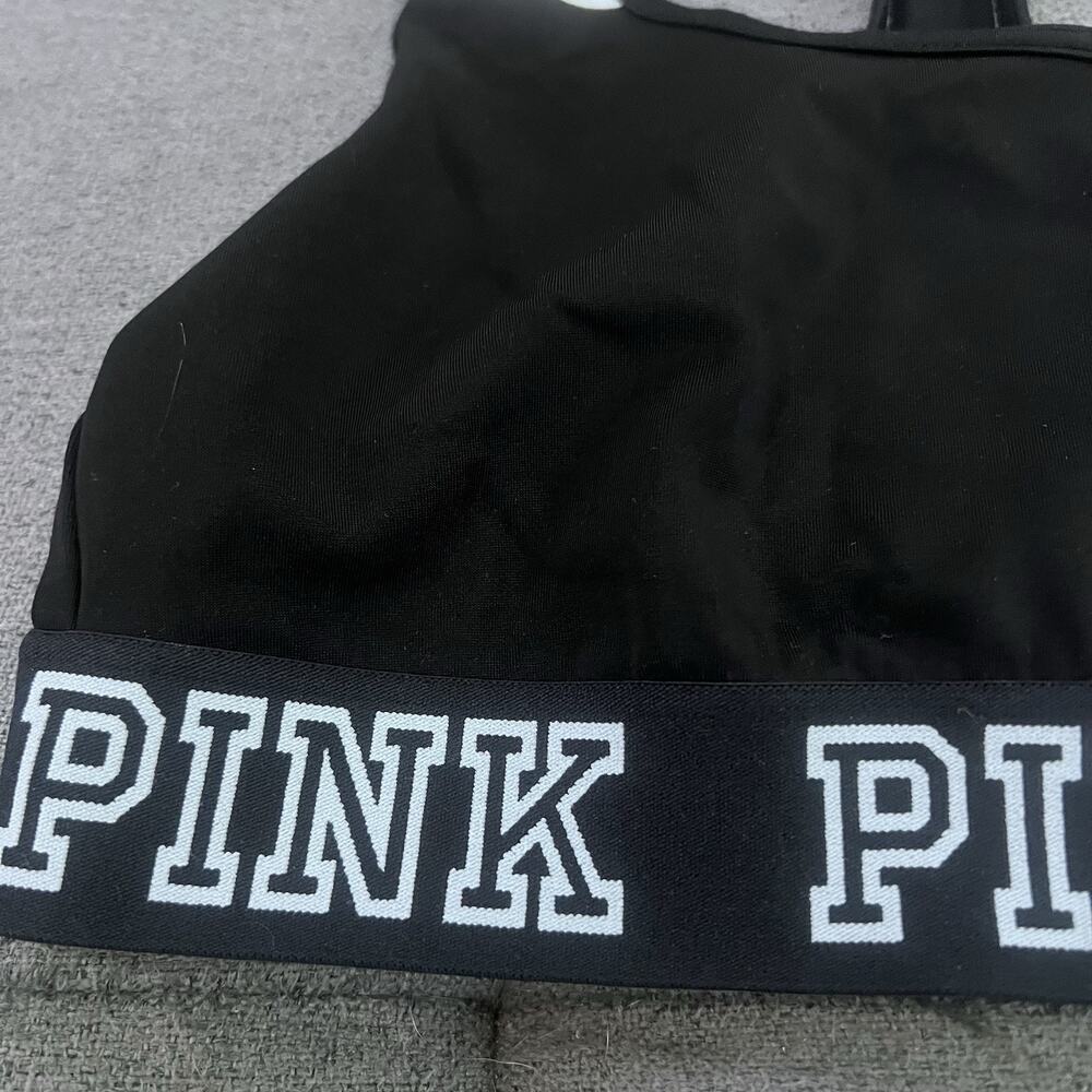 Victoria's Secret PINK Logo Sports Bra Crop Haut Court Racerback Black Sz Small - Picture 2 of 4
